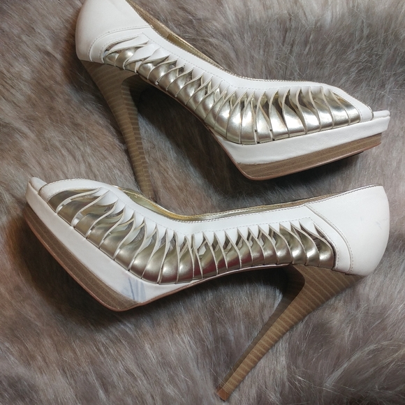 Spring • 5" Platfrom Heels Pump Open Toe White Gold Twist Heels Pumps Womens 10 - Picture 3 of 5